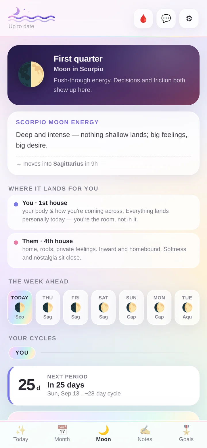 The Moon tab showing phase, sign and houses